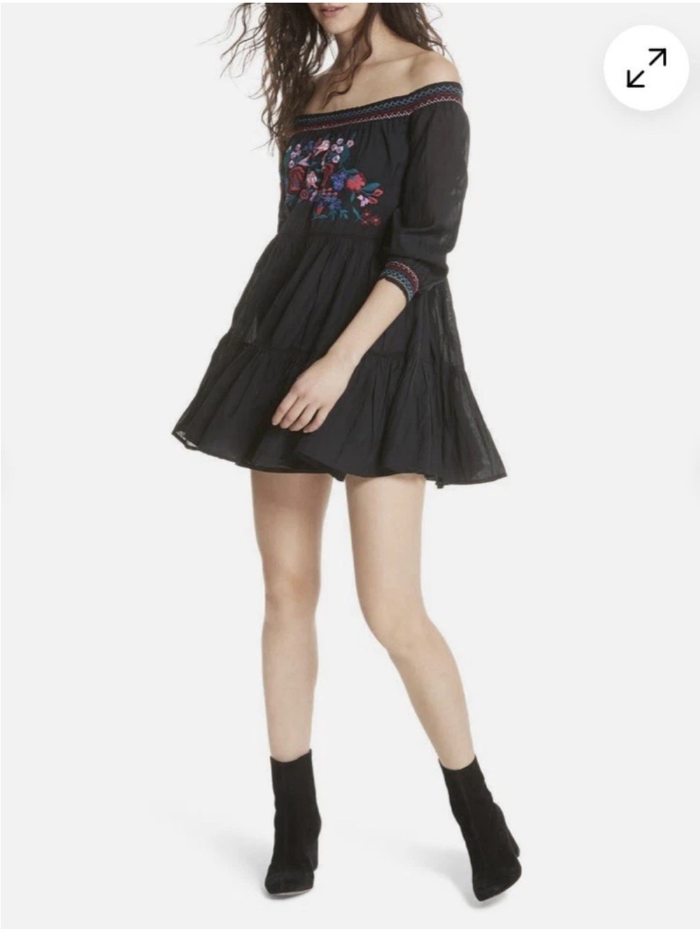 Free People Sunbeams Black Embroidered Off Shoulder Mini Dress S